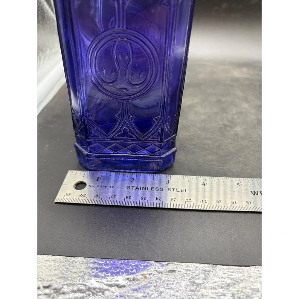 Cobalt Blue Glass Decanter Bottle Embossed Gothic Arch Square Base with Cork